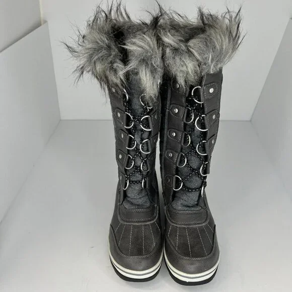 Womens Dark Gray Waterproof Lace Up Faux Fur Winter Mid Calf Size 8M Snow Boots - Picture 3 of 8